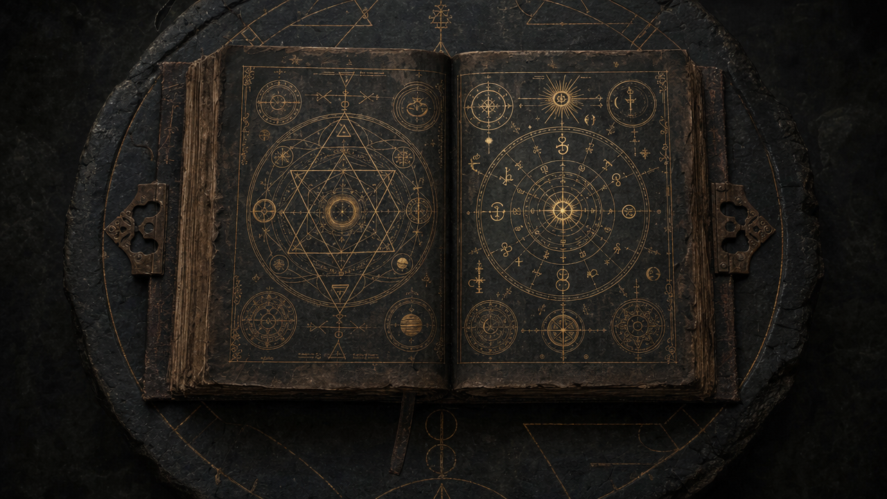 Livro fechado com selo dourado na capa — grimório